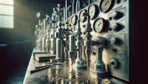 Close-up of industrial brine injection equipment for packaged chicken production, showing calibration dials and nozzles for controlling salinity variation.