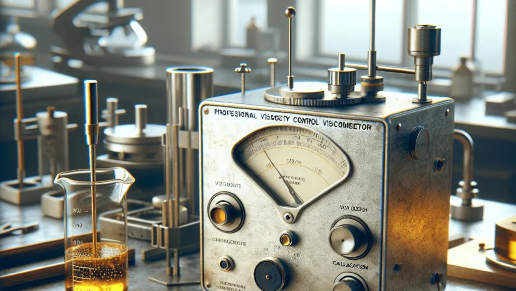 Close-up of a viscosity viscometer and gold electroplating solution on a lab bench for achieving perfect electroplating results.