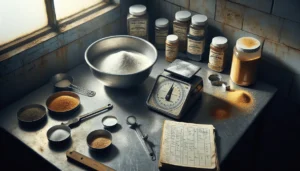 Professional snack production workspace with a mixing bowl of seasoning containing visible salt crystals, surrounded by measurement tools for achieving consistent flavor.