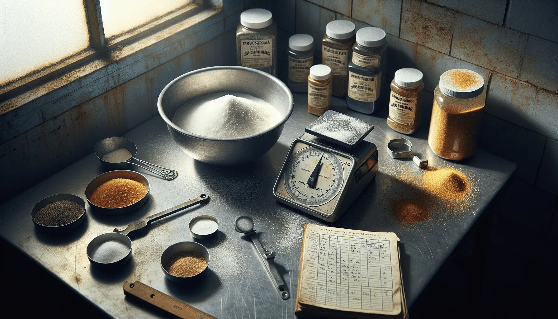 Professional snack production workspace with a mixing bowl of seasoning containing visible salt crystals, surrounded by measurement tools for achieving consistent flavor.