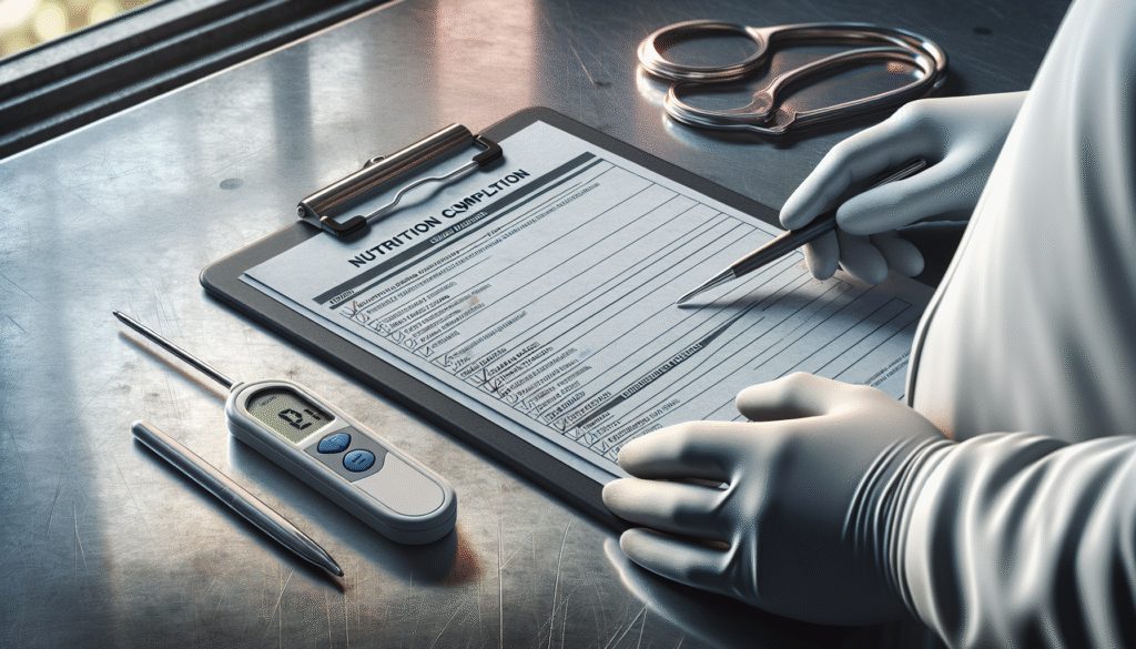 Peralatan inspeksi keamanan pangan dan clipboard daftar periksa kepatuhan gizi di tempat kerja inspektur.