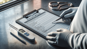 Peralatan inspeksi keamanan pangan dan clipboard daftar periksa kepatuhan gizi di tempat kerja inspektur.