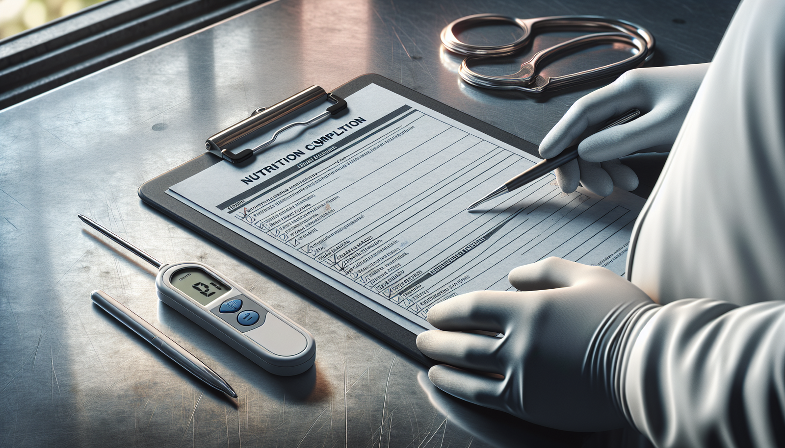 Peralatan inspeksi keamanan pangan dan clipboard daftar periksa kepatuhan gizi di tempat kerja inspektur.