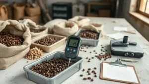 Pemantauan kadar air digital pada pengeringan kopra dan kopi, petani mengecek sensor dan nampan pengering untuk kualitas