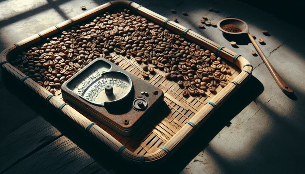 Weathered moisture meter monitoring sun-drying coffee beans on a traditional bamboo rack for optimal kopra and kopi drying strategy.