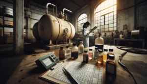Technician performing a routine quality check on stored biodiesel with a portable testing kit in an industrial storage facility.
