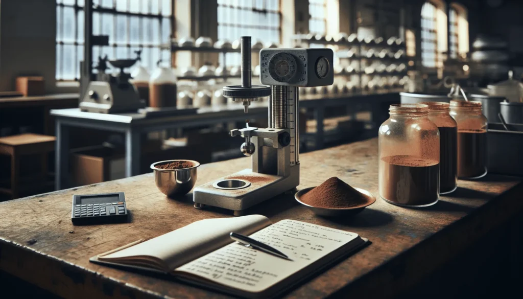 Professional quality control technician using a viscometer to measure the viscosity of imported cocoa powder in a food production lab.