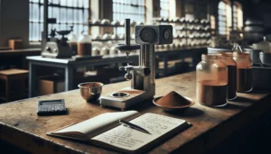 Professional quality control technician using a viscometer to measure the viscosity of imported cocoa powder in a food production lab.