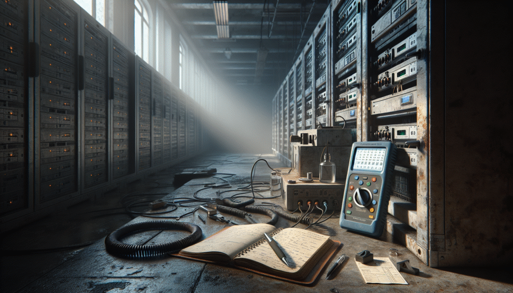 A weathered data center maintenance workspace comparing a portable DO meter on the floor with a benchtop laboratory DO meter on a workbench for monitoring.