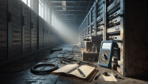A weathered data center maintenance workspace comparing a portable DO meter on the floor with a benchtop laboratory DO meter on a workbench for monitoring.