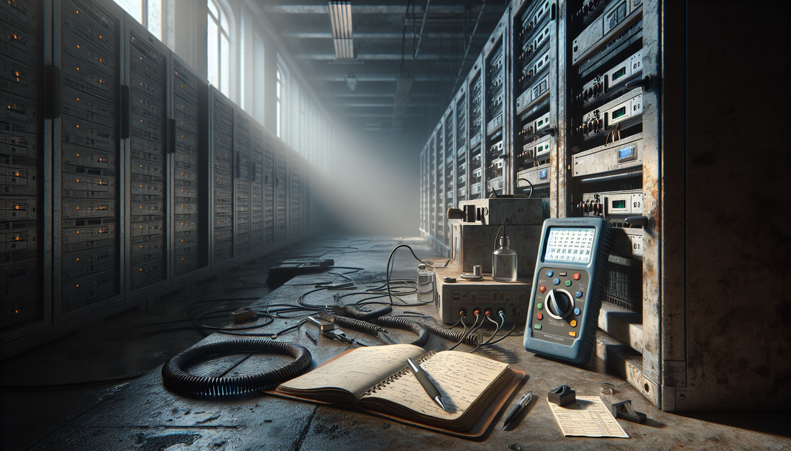 A weathered data center maintenance workspace comparing a portable DO meter on the floor with a benchtop laboratory DO meter on a workbench for monitoring.