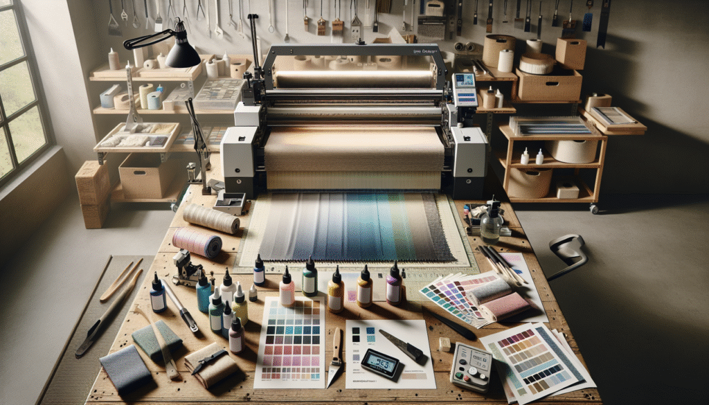 Digital textile printer in a workshop with humidity control equipment and fabric swatches demonstrating perfect print registration versus ink bleeding defects, illustrating strategies for moisture control in textile printing.