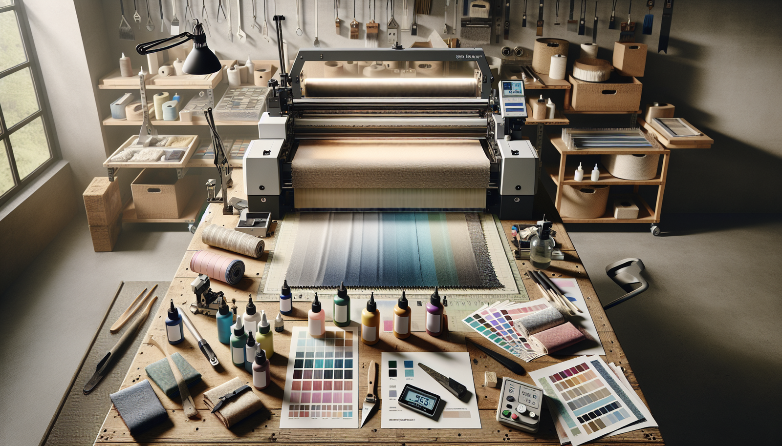 Digital textile printer in a workshop with humidity control equipment and fabric swatches demonstrating perfect print registration versus ink bleeding defects, illustrating strategies for moisture control in textile printing.