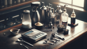 Digital scale, syrup pump, and measuring spoons on a cafe counter for precise takaran gula minuman.