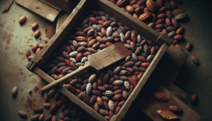 Biji kakao difermentasi dalam kotak kayu tradisional, menunjukkan teknik fermentasi kakao dan kontrol kadar air.