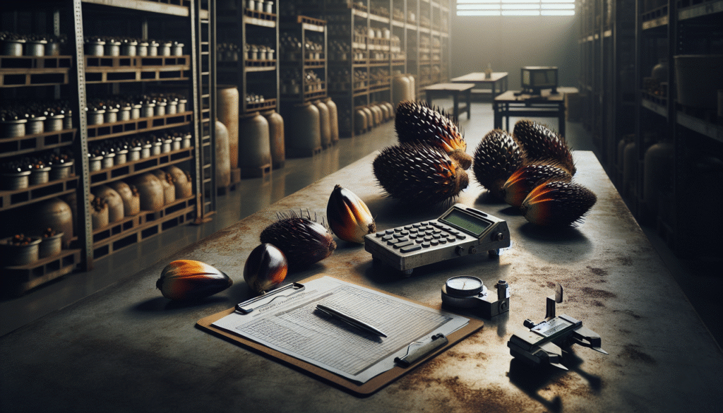 Professional palm oil mill workspace with grading table, refractometer, and caliper for measuring fresh fruit bunch (FFB) quality.