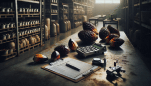 Professional palm oil mill workspace with grading table, refractometer, and caliper for measuring fresh fruit bunch (FFB) quality.
