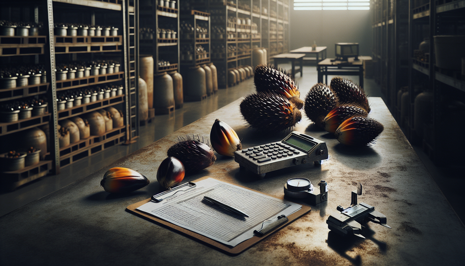 Professional palm oil mill workspace with grading table, refractometer, and caliper for measuring fresh fruit bunch (FFB) quality.