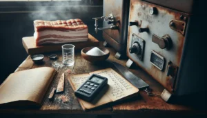 Precise digital salt meter and traditional hydrometer on a butcher's block for measuring salt levels in meat, with pork belly and a commercial smoker in the background.