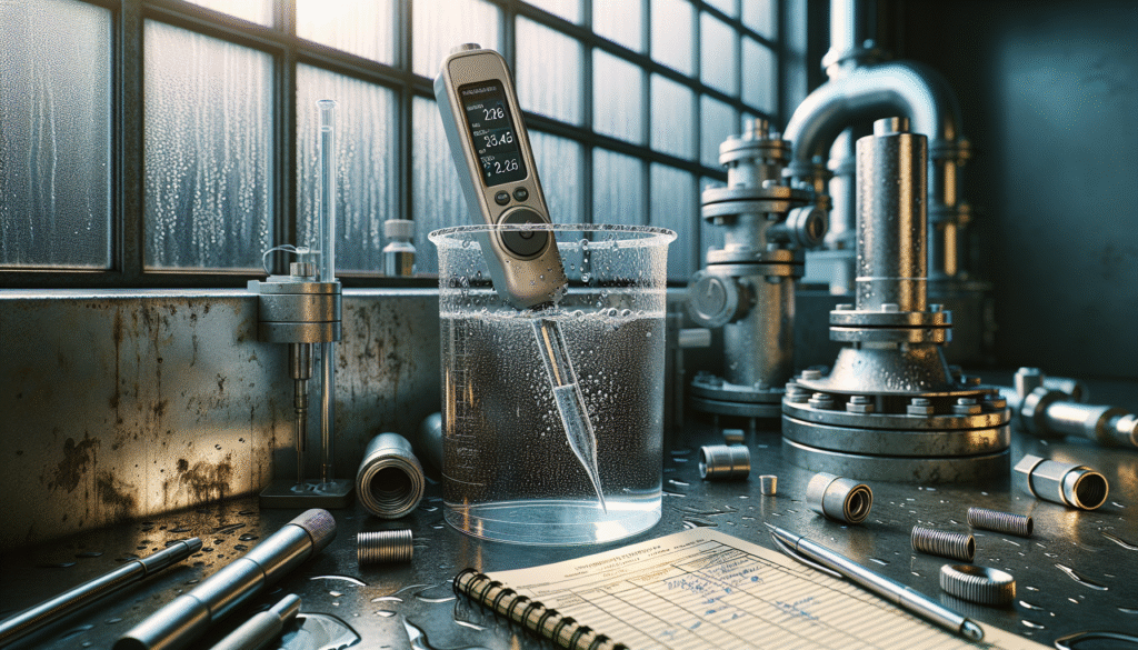 Portable dissolved oxygen meter measuring cooling water sample at a data center cooling tower facility.