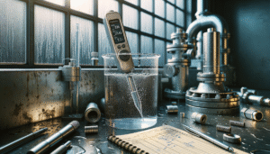 Portable dissolved oxygen meter measuring cooling water sample at a data center cooling tower facility.