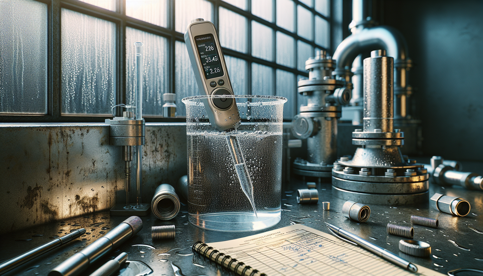 Portable dissolved oxygen meter measuring cooling water sample at a data center cooling tower facility.