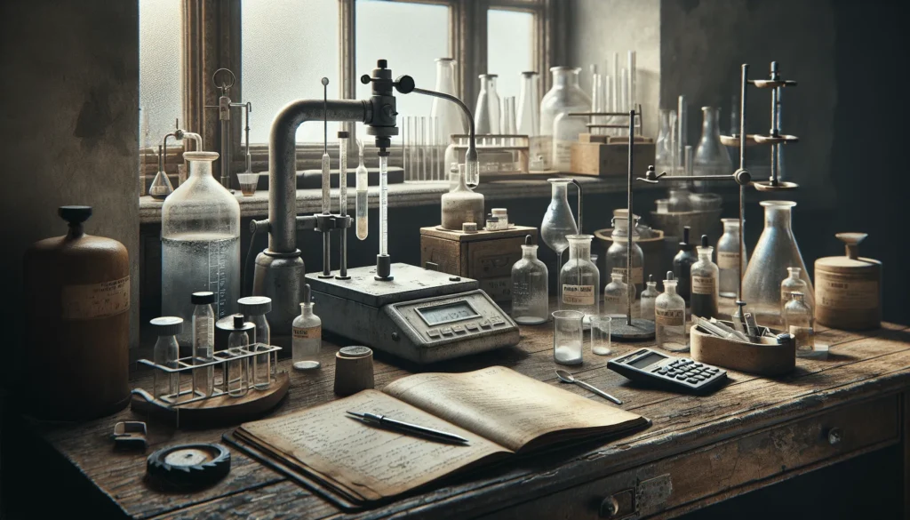 Weathered titration apparatus and a well-used digital salt meter side by side on a worn laboratory benchtop, comparing methods for measuring salt content in FMCG products.