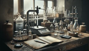 Weathered titration apparatus and a well-used digital salt meter side by side on a worn laboratory benchtop, comparing methods for measuring salt content in FMCG products.