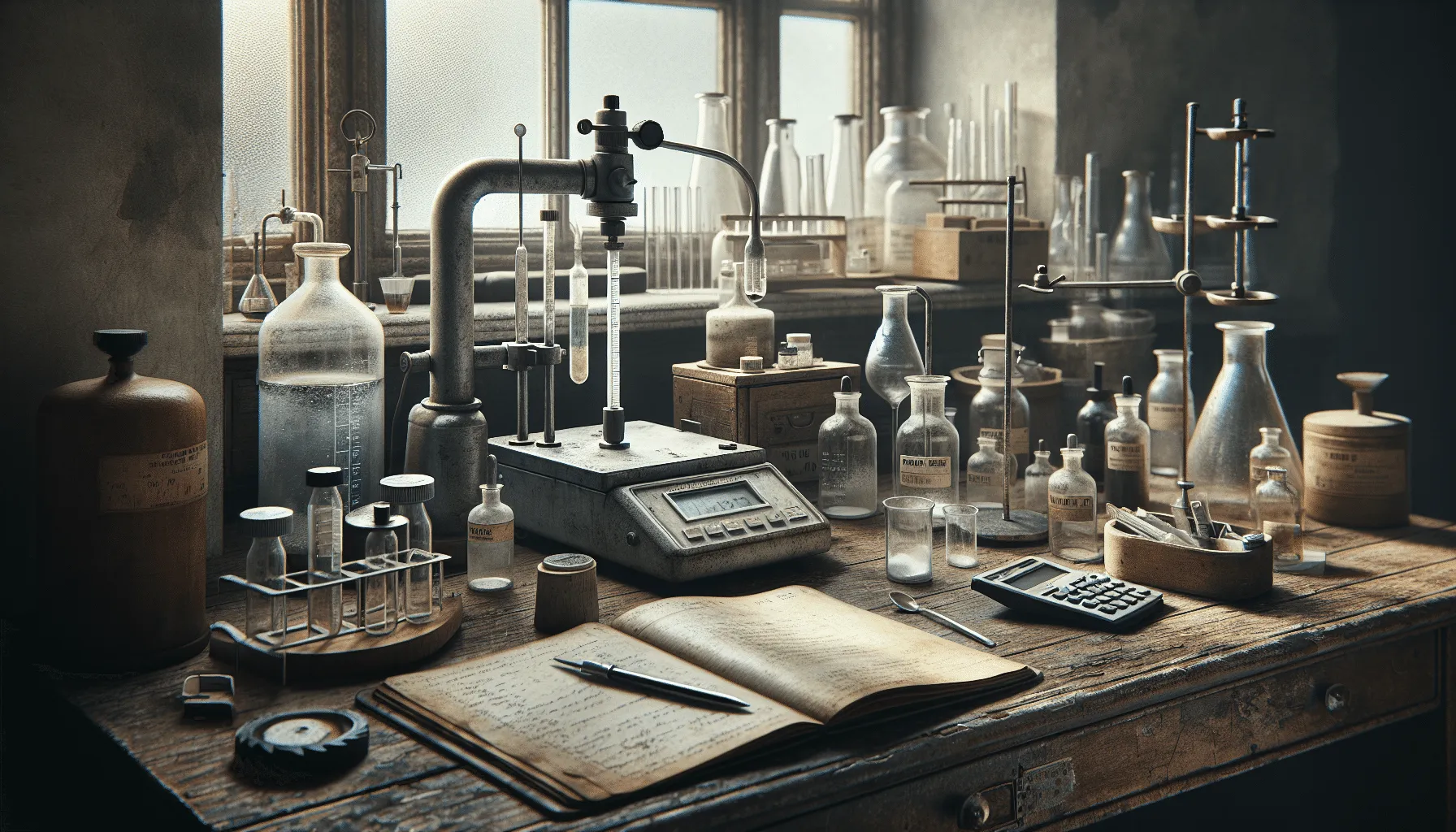Weathered titration apparatus and a well-used digital salt meter side by side on a worn laboratory benchtop, comparing methods for measuring salt content in FMCG products.