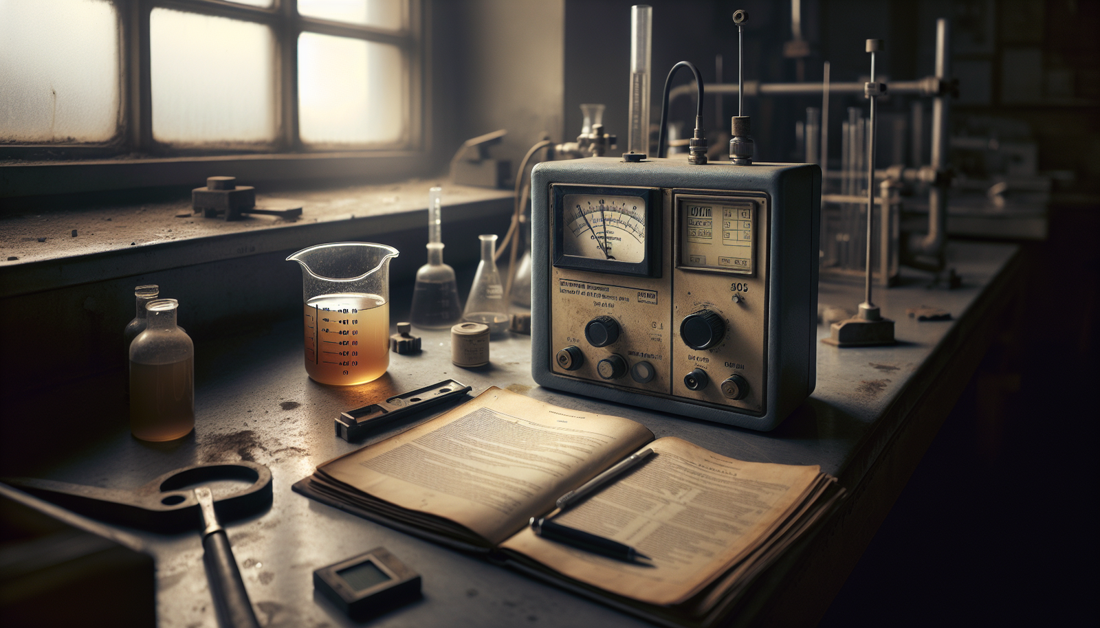 A weathered dissolved oxygen meter measuring turbid, warm effluent in a beaker within an industrial smelter workspace.