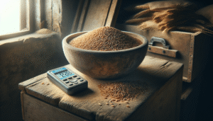 Close-up of wheat grain in a bowl with a digital moisture meter, illustrating how to measure grain moisture for maximum harvest quality.
