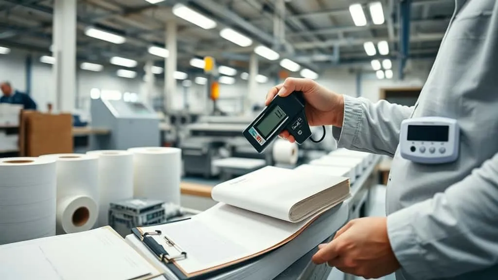Teknisi produksi label garmen menggunakan moisture meter untuk mengukur kadar air kertas label kemasan di area kerja industri bersih.