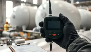 Seorang teknisi mengukur ketebalan tangki baja migas menggunakan ultrasonic thickness gauge untuk memastikan integritas tangki penyimpanan BBM.