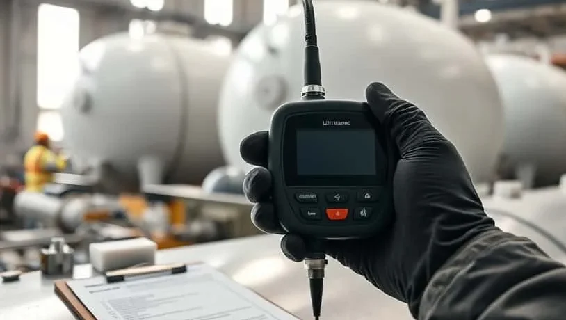 Seorang teknisi mengukur ketebalan tangki baja migas menggunakan ultrasonic thickness gauge untuk memastikan integritas tangki penyimpanan BBM.