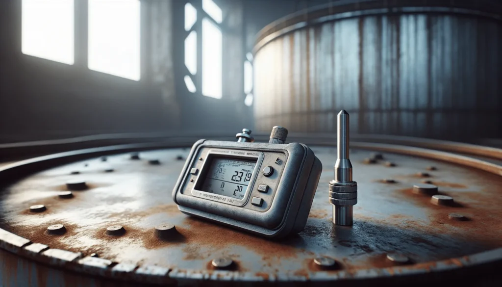 A technician using an ultrasonic thickness gauge to measure the patinated steel wall of an industrial storage tank.
