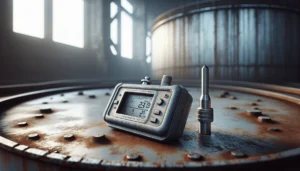 A technician using an ultrasonic thickness gauge to measure the patinated steel wall of an industrial storage tank.