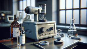 Karl Fischer titrator validating water content of a pharmaceutical powder sample on a quality control lab bench.