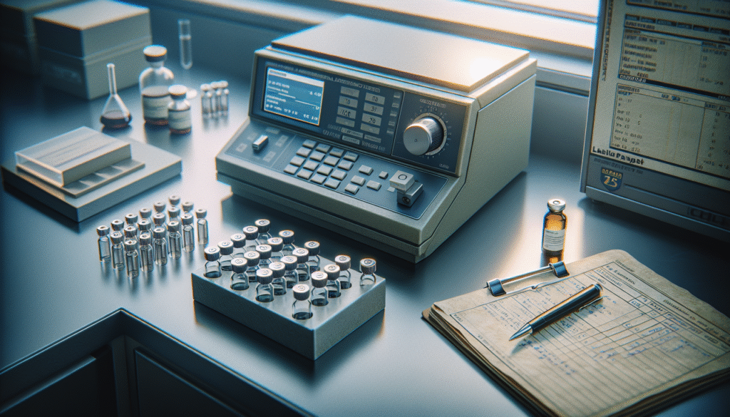 Lab workbench with a moisture analyzer, samples, and notebook, showing ISO 13485 validation for moisture content.