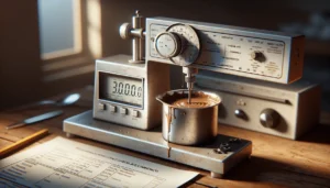 Close-up of a Brookfield viscometer testing the viscosity of melted chocolate compound in a quality control lab, for validating imported chocolate specifications.