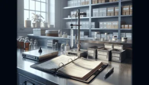 Viskositas testing instrument and SOP binder on a laboratory benchtop for FSSC 22000 food safety audit validation.