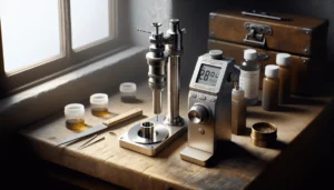 Professional jeweler's workspace comparing a digital rotational viscometer and a traditional flow cup for measuring coating viscosity in jewelry making.