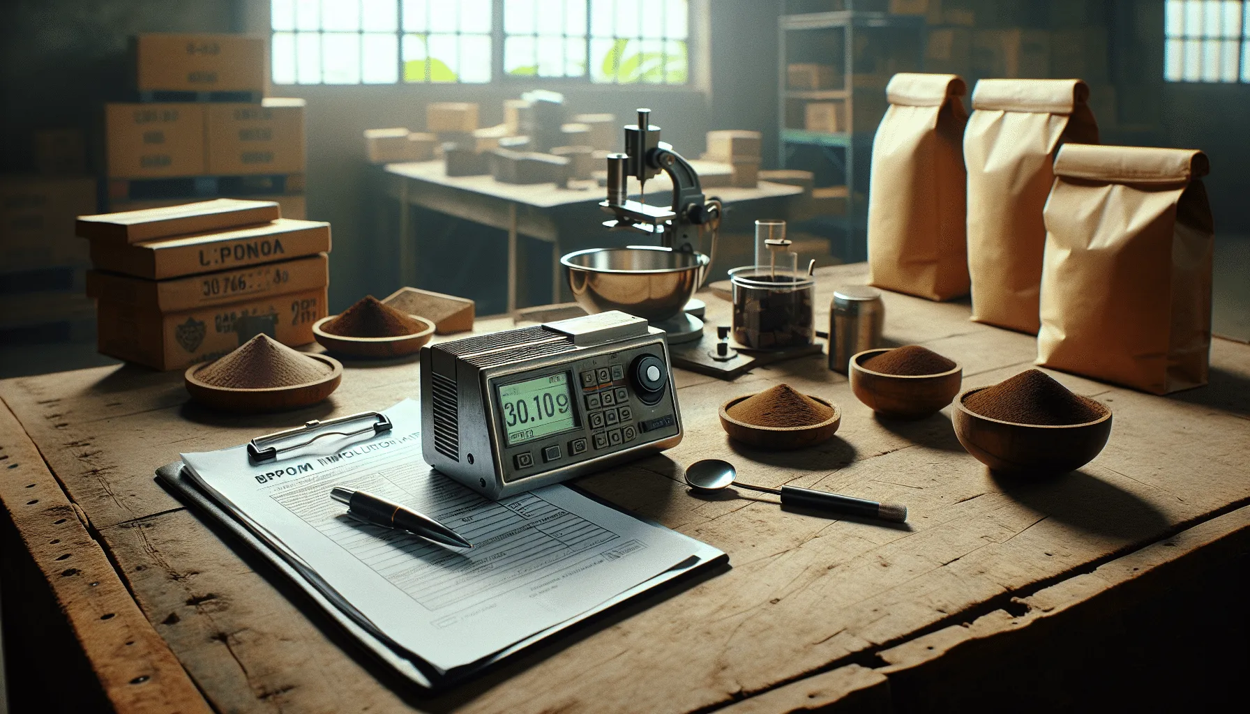 Digital viscometer measuring powdered chocolate and matcha viscosity on a wooden table in an Indonesian import warehouse, with BPOM documents visible, for quality control standards.