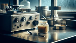 Close-up of a baby food jar and viscometer on a lab counter, illustrating quality control for infant food viscosity and choking prevention.