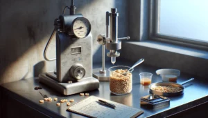Close-up of a viscometer testing baby cereal viscosity on a laboratory countertop, illustrating quality control and measurement standards.