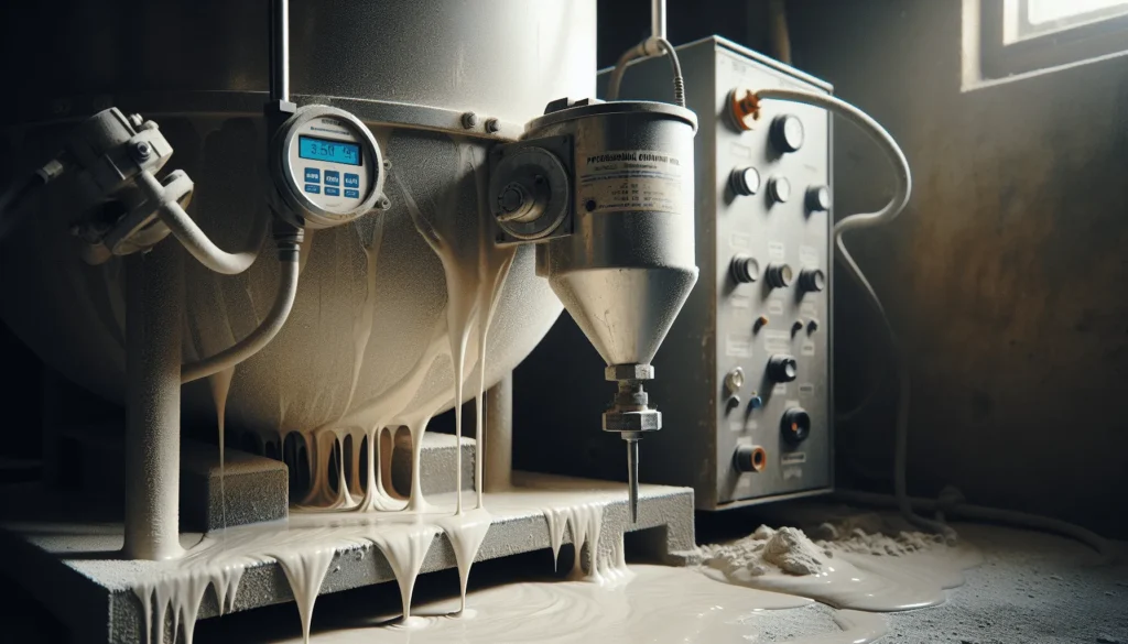 Close-up of a stainless steel slurry vessel with a digital viscometer probe immersed in thick calcium carbonate slurry, with a worn control panel displaying viscosity data, highlighting efficiency in grinding operations.