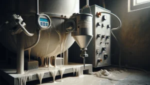 Close-up of a stainless steel slurry vessel with a digital viscometer probe immersed in thick calcium carbonate slurry, with a worn control panel displaying viscosity data, highlighting efficiency in grinding operations.