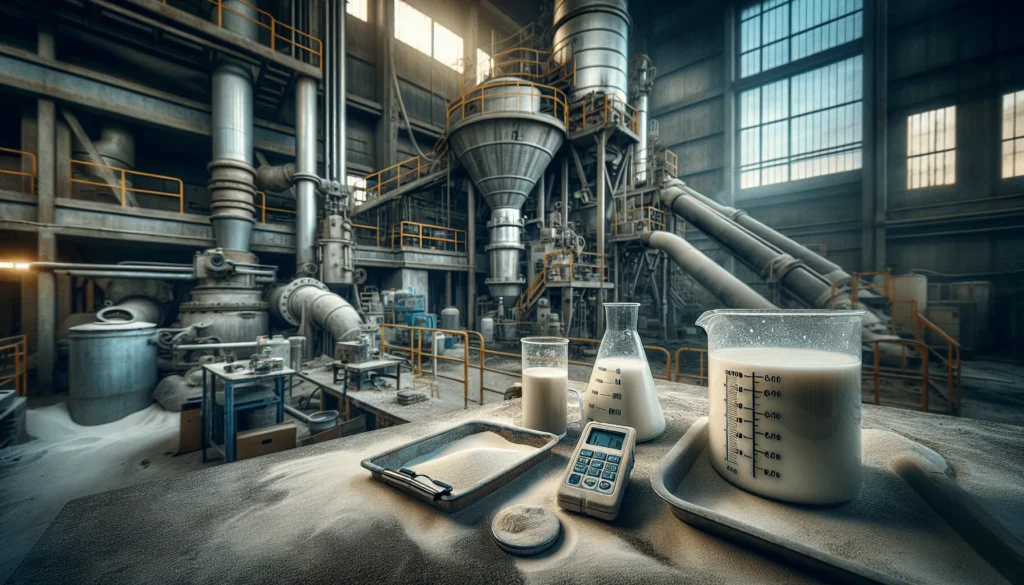 Technician inspecting calcium carbonate slurry viscosity in industrial grinding chamber