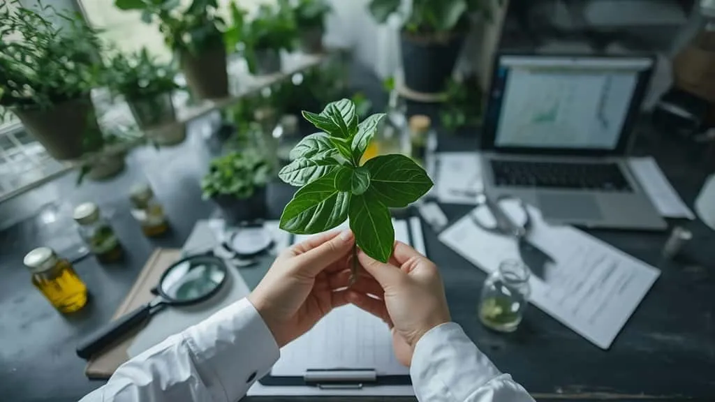 Pehobi memeriksa daun tanaman herbal di kebun, ragu menentukan waktu panen yang tepat