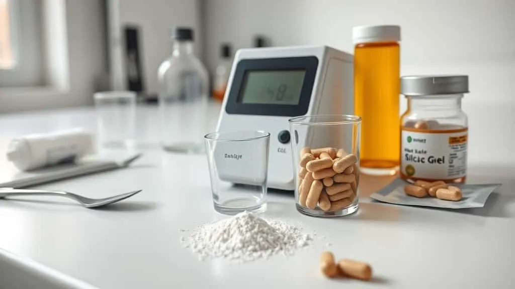 Water activity meter on lab bench measuring herbal supplement powder and capsules to ensure shelf stability
