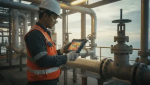 Professional engineer inspecting weathered pipes and valves on an offshore gas platform at dusk, evaluating technical and safety facilities.